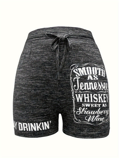 Two-Pocket Whiskey Letter Print Drawstring Track Shorts - Stretchy Casual Polyester Shorts for Women, All-Season Wear, Lace-Up Closure, Alphabet Pattern, Position Printing, Knit Fabric, Medium Stretch, No Sheer