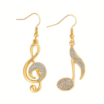 1 Pair - Glamorous Golden Music Symbol Earrings - Handcrafted with Sparkling Zircon, Dangle Design for Music Lovers - Delicate & Unique Fashion Accessory