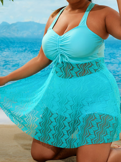 Women's Vacay Tankini Set, Plus Size Geo Pattern Drawstring Front Crisscross Back Dress & Bottoms Swimsuit 2 Piece Set