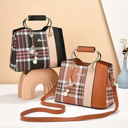 [Elegant Tote Bag] Elegant Plaid Tote Bag | Detachable Shoulder Strap & Zipper Closure, Black with Golden Accents, Charm Charms & Oil-Edged Trim, Versatile Handbag for Casual & Formal Outfits, Retro Handbag, Formal Accessory, Chic Le'Meek