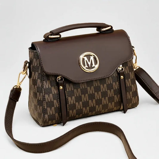 Vintage Geometric Women's Handbag - Large Capacity PU Shoulder Bag with Golden-Tone Hardware, Herringbone Pattern & Letter "M" Design, Detachable Strap, Perfect for Everyday Use (Light Brown/White/Black) Chic Le'Meek