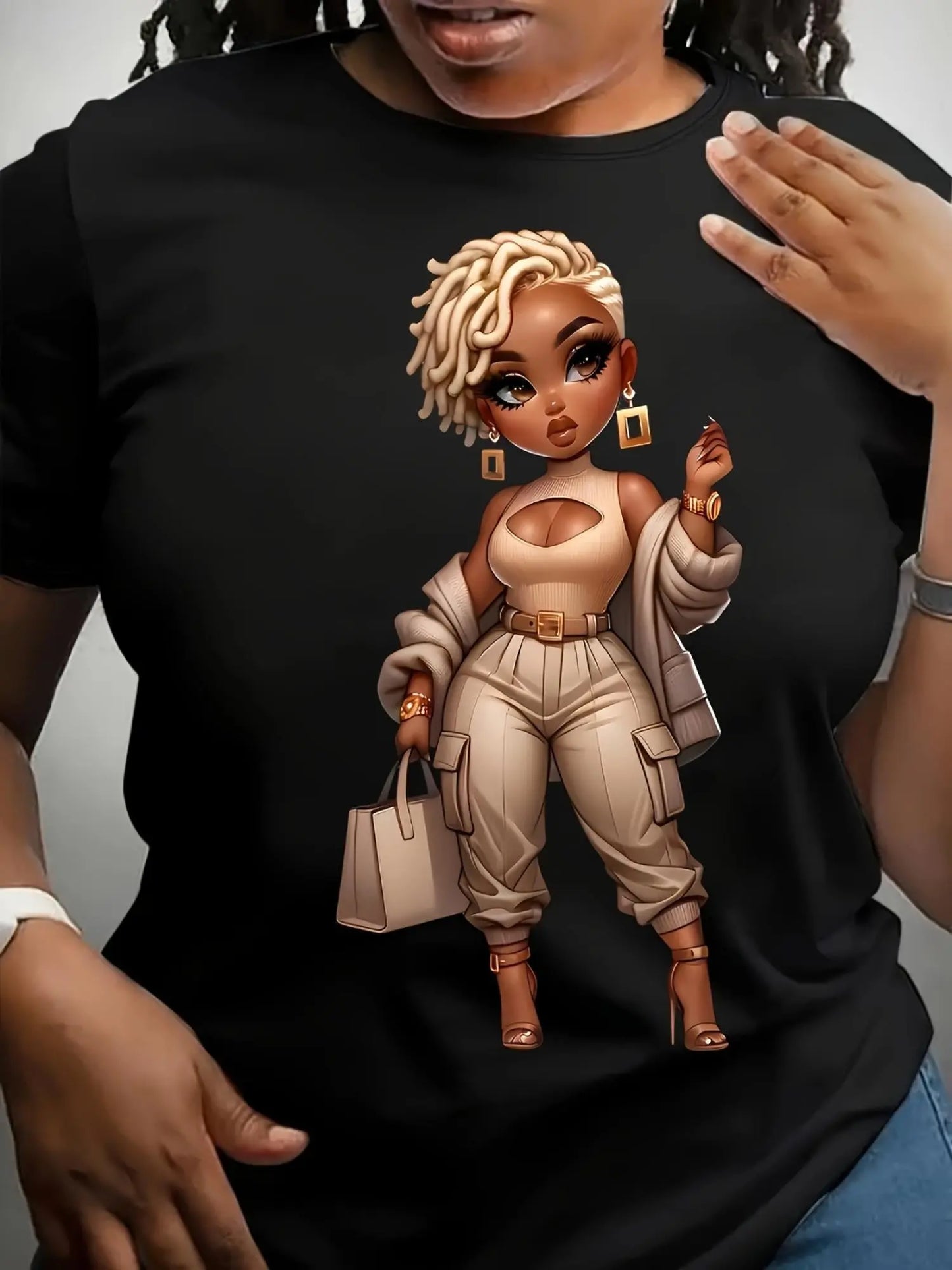 [Trendy Shirt] Trendy Plus Size Women's Shirt | Stylish Cartoon Character Print, Short Sleeve, Round Neck, Washable, Black, Casual Design Chic Le'Meek