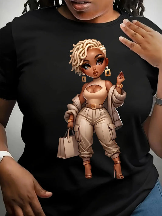 [Trendy Shirt] Trendy Plus Size Women's Shirt | Stylish Cartoon Character Print, Short Sleeve, Round Neck, Washable, Black, Casual Design Chic Le'Meek