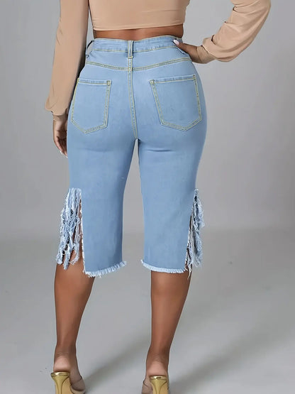Plus Size Women'S Casual Denim Shorts With Fringed Hem Chic Le'Meek