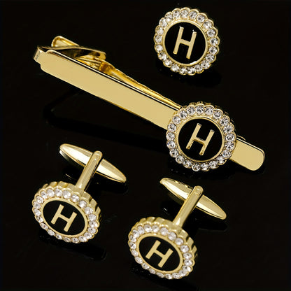 4pcs Men's Fashion Tie Clips, Cufflinks, And Brooches With 26 Uppercase Letter Series Sets In Alloy Oil Drop Style