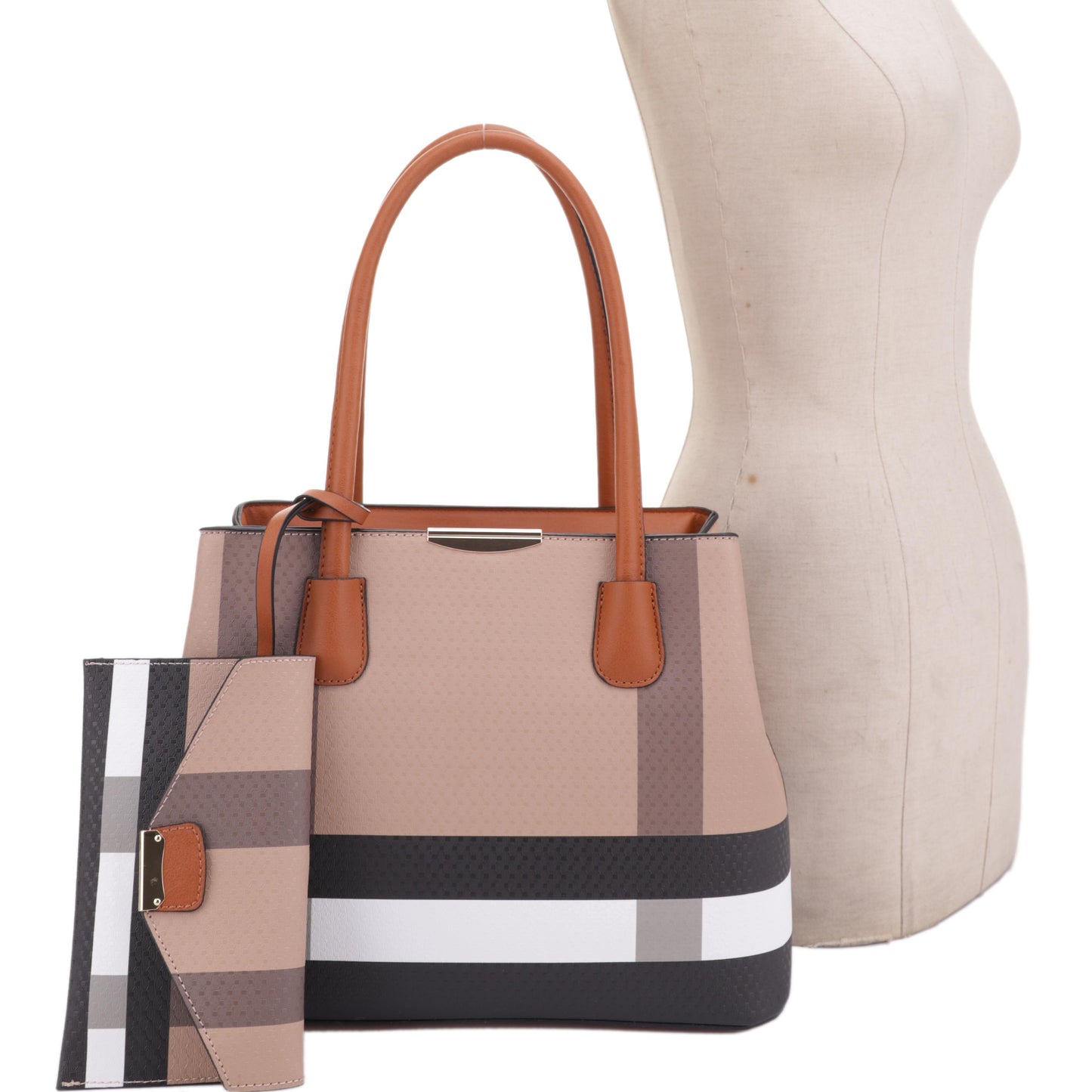 3pcs Stylish Women's Medium Tote Bag Set - Vintage Plaid Pattern, Zipper Closure, Textured Vegan Leather