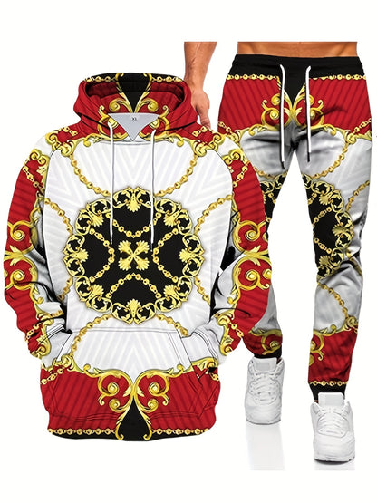 2PCS Plus Size Men's Tracksuit Co Ord Set - Traditional Pattern Full Print Long Sleeve Hooded Sweatshirt And Pants Set, Casual And Athletic Style