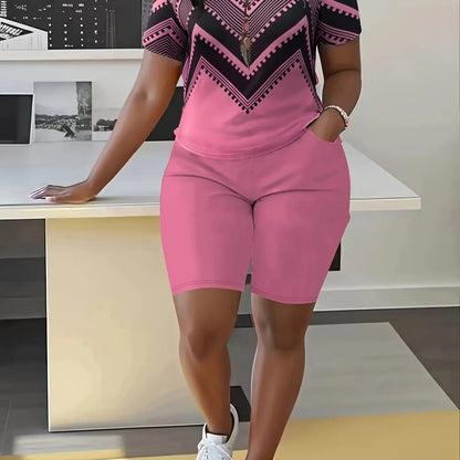 Elegant Plus-Size Bohemian Women'S V-Neck Short Sleeve Top & Shorts Set - Chic Wave Print, Casual Polyester Blend With Pockets, Perfect For Spring & Autumn - Comfortable & Stylish Home Wear, Short Sleeve Plus Size Chic Le'Meek