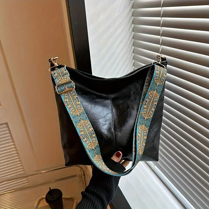 [Vintage Tote Bag] Large Vintage Tote Bag | Crossbody Bag with Removable Strap, Zipper Closure, Polyester Lining, Random Printing, No Edge Paint, for Women, Black/Beige/Rose Red/Pink/Light Grey/Blue/Light Green/Green/Light Br Chic Le'Meek