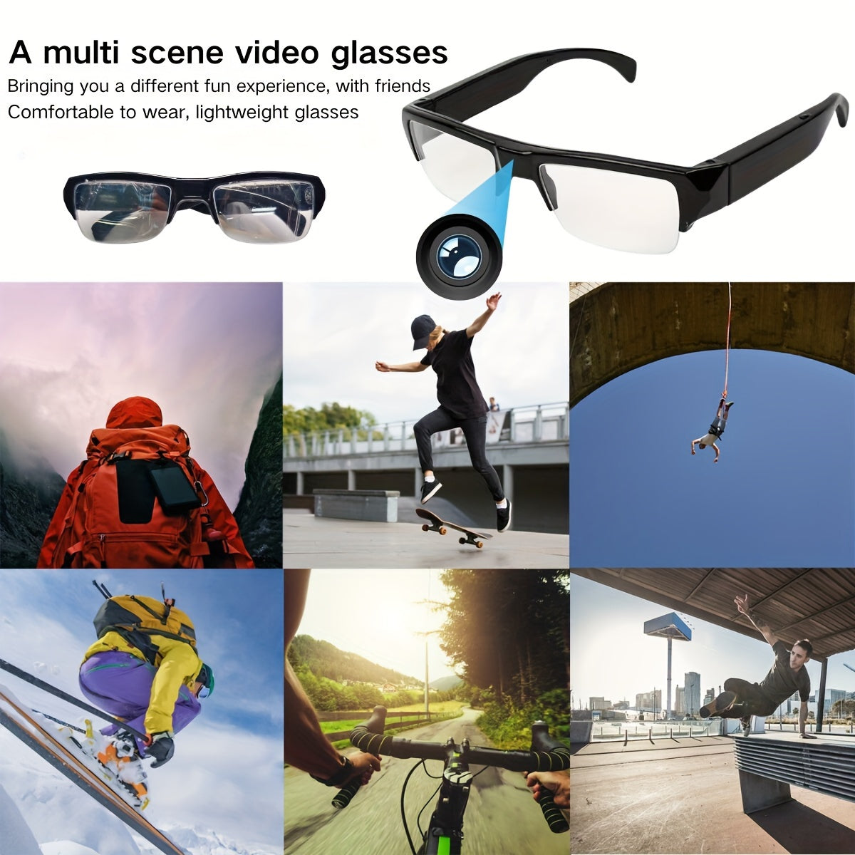 Smart 1080P HD camera glasses, outdoor sports glasses, body camera, video glasses, suitable for cycling, meeting recording, with 64GB storage card