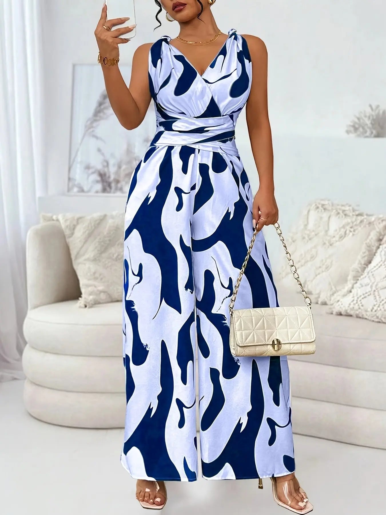 Women's Elegant Backless Jumpsuit with V-Neck & Cross Front Detail - Black & White Abstract Pattern Sleeveless Romper, Machine Washable Spring/Summer Party & Casual Outfit, Ladies Jumpsuit Chic Le'Meek