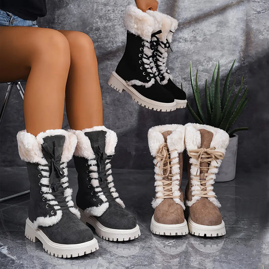 Women's Fashion Casual Lace-Up Mid-Calf Boots with Plush Lining, Round Toe Chunky Low Heel - Velvet Upper, Fabric Lining, TPR Sole Chic Le'Meek