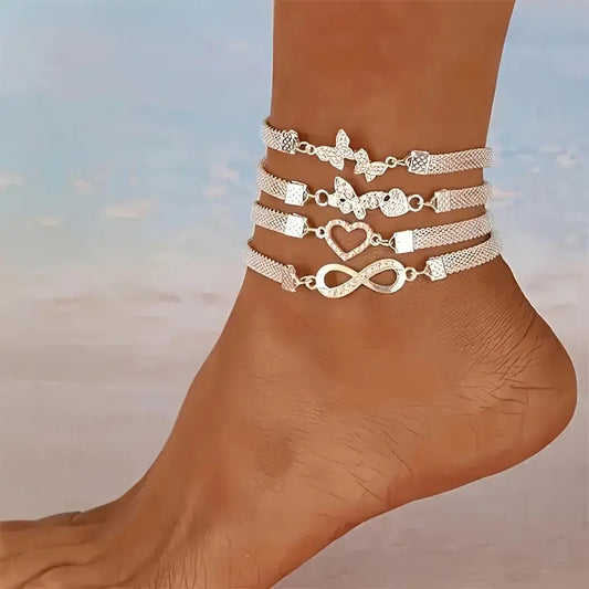 Set of 4- Elegant And Shiny Stackable Ankle Chains, Synthetic Zirconia Ankle Chains Plated with Butterflies And Hearts, Multifunctional Daily Jewelry Gifts Chic Le'Meek