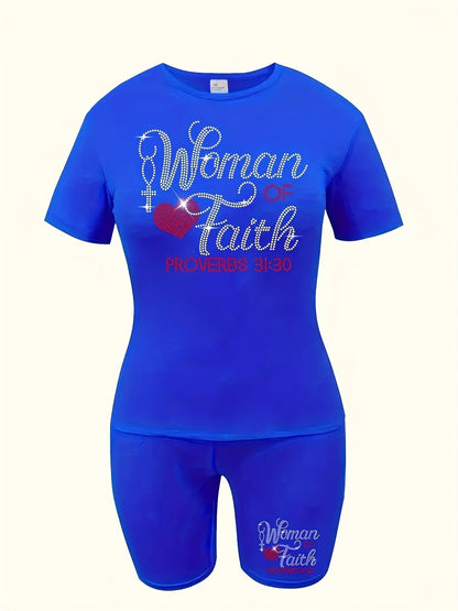 Ladies' Casual Short Sleeved Shorts Set, Hot Stamping Craftsmanship, Women's Faith Letter Hot Stamping Heart Pattern Chic Le'Meek