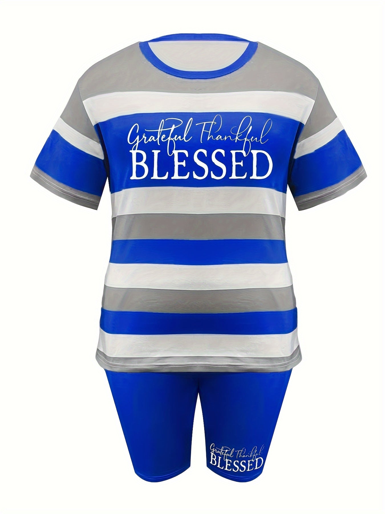 Plus Size BLESSED Print Biker Shorts Set - Comfortable Crew Neck Striped Short Sleeve Tee & Pocket Biker Shorts with Medium Stretch Fabric, Straight Leg Hem, and Positioning Printing - Perfect for Casual Scene