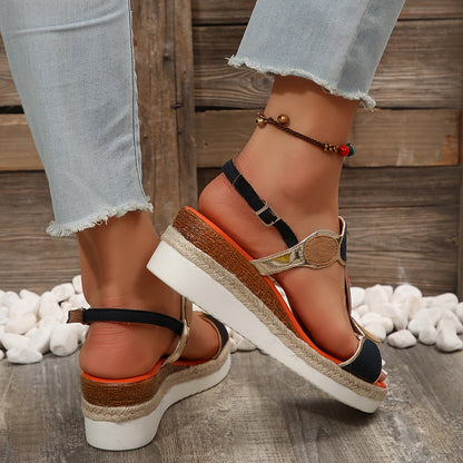 Womens Stylish Colorblock Wedge Sandals - Lightweight Platform, Adjustable Buckle, Comfortable Open Toe Design - Perfect for Casual Wear