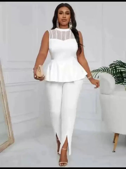 Elegant White Lace-Trimmed Sleeveless Peplum Top with Ruffled Hem, Cinched Waist, and High-Neck Design for Women - Perfect for Parties and Casual Outings Chic Le'Meek