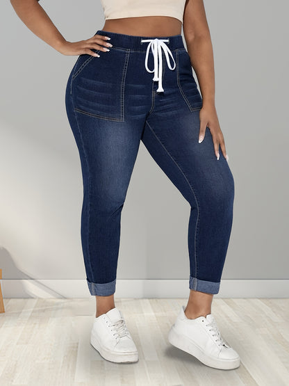 Plus Size Womens Fashionable Skinny Jeans - Comfort Drawstring Waist, Stretchy Denim, Trendy Slash Pockets, Roll Up Hem Casual Pants