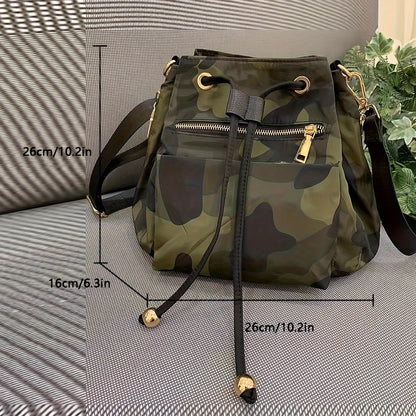 Small Camouflage Pattern Bucket Shoulder Bag - Durable Nylon Material, Classic Drawstring Closure, Polyester Lining, Edge Painted