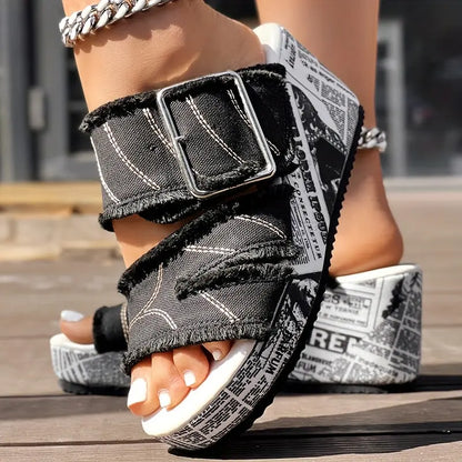 Newspaper Buckle Denim Wedge Slippers - Without Anklet Chic Le'Meek