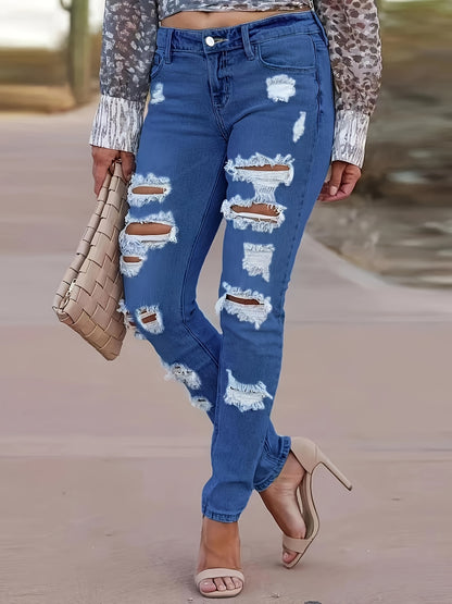 Plus Size Ripped Distressed Casual Style High Stretch Denim Pants, Women's Denim Jeans & Clothing