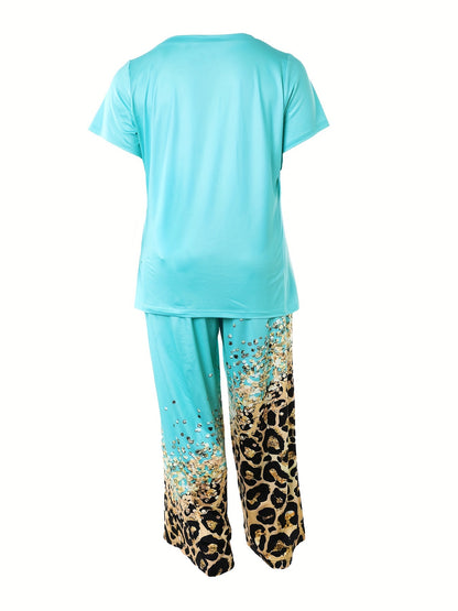 Plus Size Trendy Pajamas Set, Women's Plus Cross Letter & Leopard Print Short Sleeve Round Neck Tee & Pants Lounge 2 Piece Set