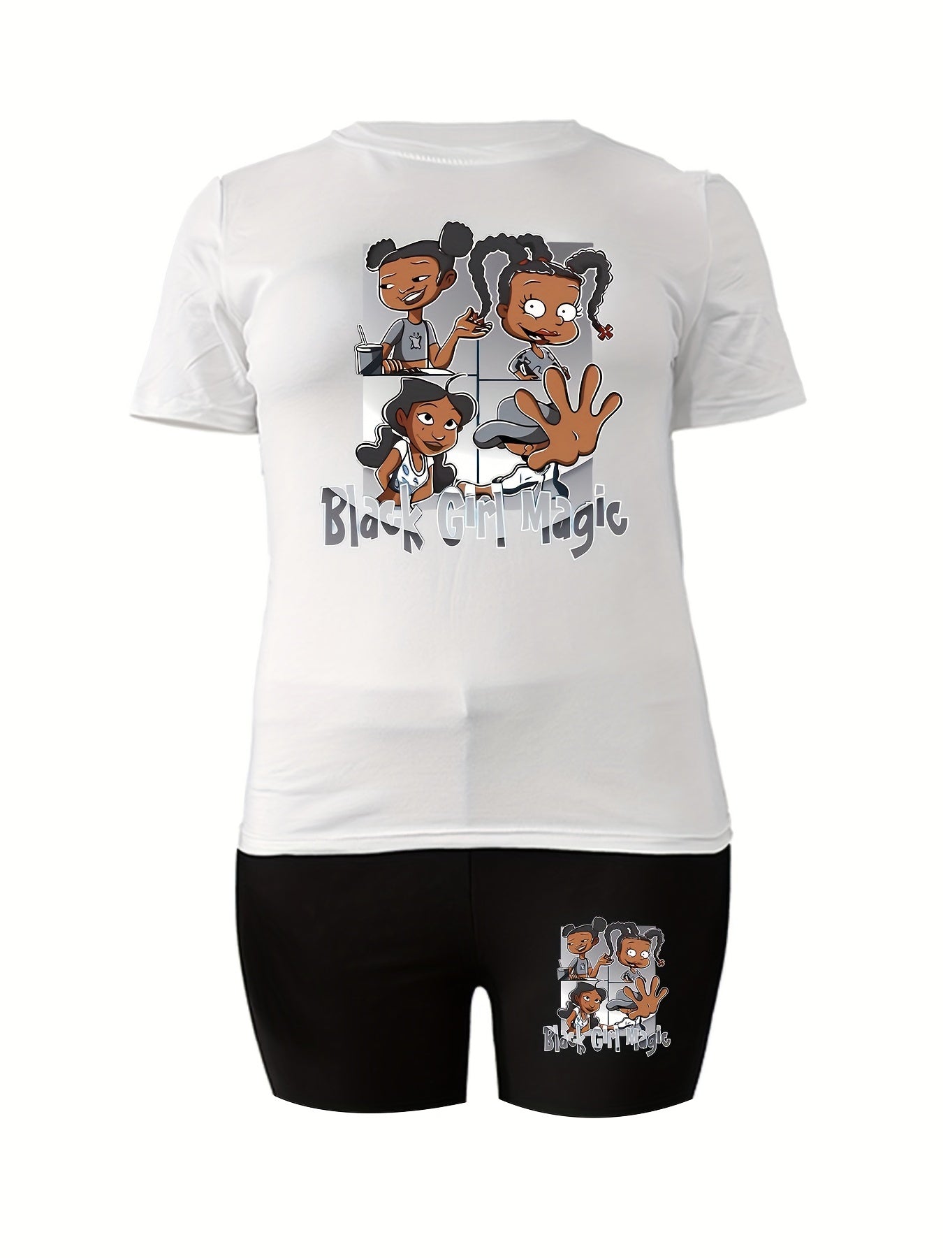 Women's Plus Size Sport 2-Piece Set "Black Girl Magic" Printed White T-Shirt And Blue Shorts, Casual Summer Outfit For Women, Inspirational Graphic Tee With Matching Shorts