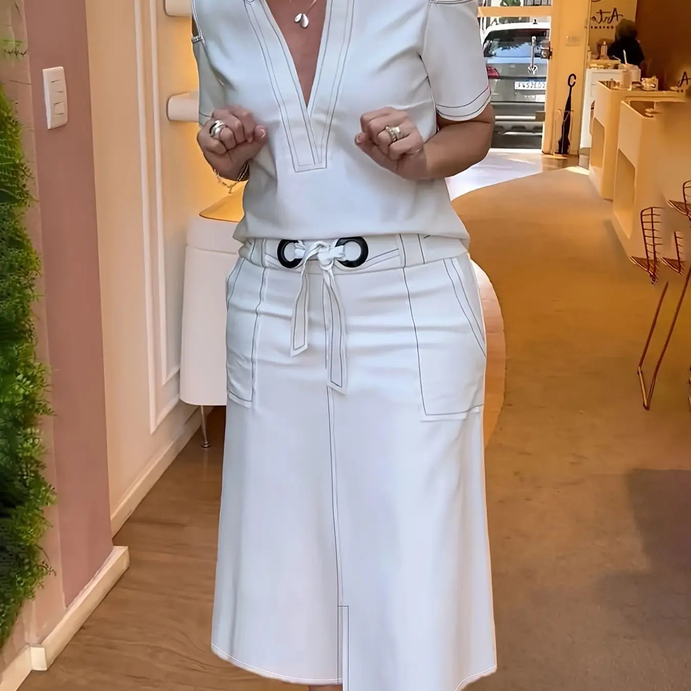 [Cold Shoulder Outfits] 2pcs Cold Shoulder Women's Contrast Trim Short Sleeve Plunge Neck Top & Bodycon Tie Waist Sheath Skirt Set, Cold Shoulder Outfits For Women Chic Le'Meek