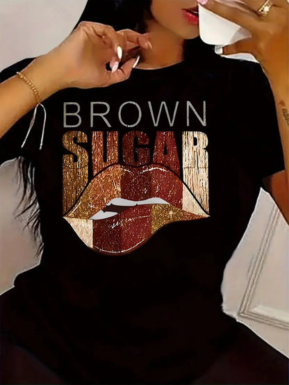 Plus - Size Women's Round - Neck T - shirt: "Brown Sugar" Lip Graphic, Comfortable & Stylish for Everyday Wear Chic Le'Meek