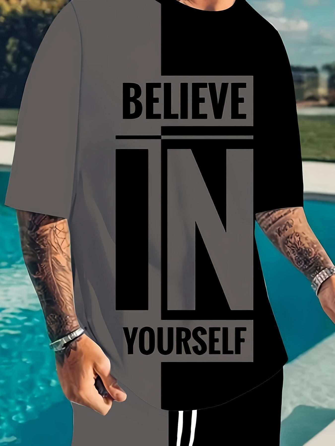 Plus Size Men's "Believe In Yourself" Print T-shirt & Shorts Set For Summer, Casual Trendy 2Pcs