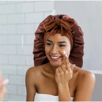 Women's Elastic Tie Band Long Satin Bonnet for Long Curly Hair - Gentle Hair Care Sleeping Cap with Smooth Texture and Soft Inside Chic Le'Meek