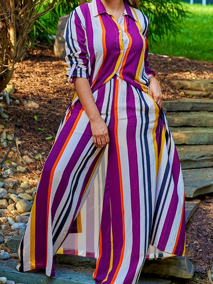 Plus Size Casual Outfits Set, Women's Plus Colorblock Stripe Print Button Up Long Sleeve Turn Down Collar Blouse & Wide Leg Pants Outfits 2 Piece Set