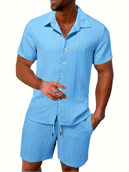 Two-Piece Summer Outfit for Men - Casual Pleated Striped Short Sleeve Shirt with Drawstring Shorts, Lapel Collar, Button Details, Non-Stretch Polyester Fabric, Hand Wash Only, Solid Color