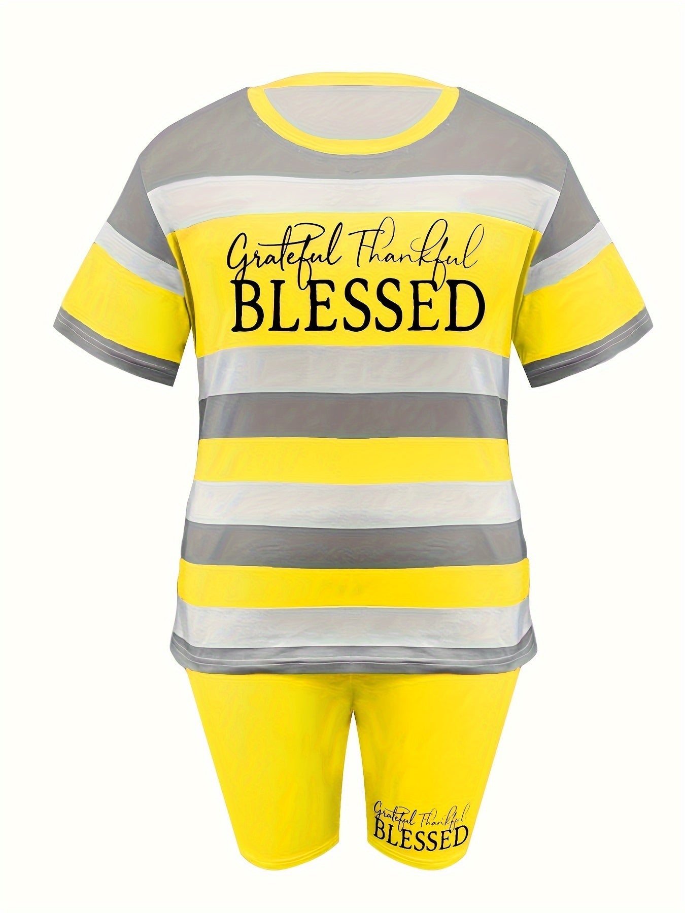 Plus Size BLESSED Print Biker Shorts Set - Comfortable Crew Neck Striped Short Sleeve Tee & Pocket Biker Shorts with Medium Stretch Fabric, Straight Leg Hem, and Positioning Printing - Perfect for Casual Scene