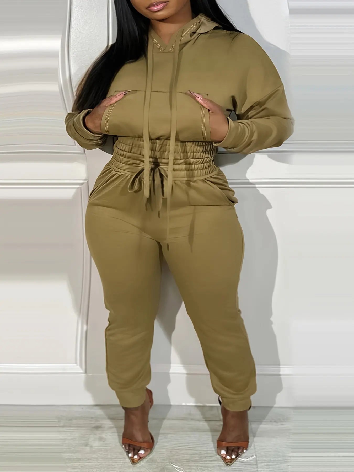 [Plus Size Elasticated Tunic Jogging] Plus Size Solid Elasticated Tunic Hooded Jogging Set Temu