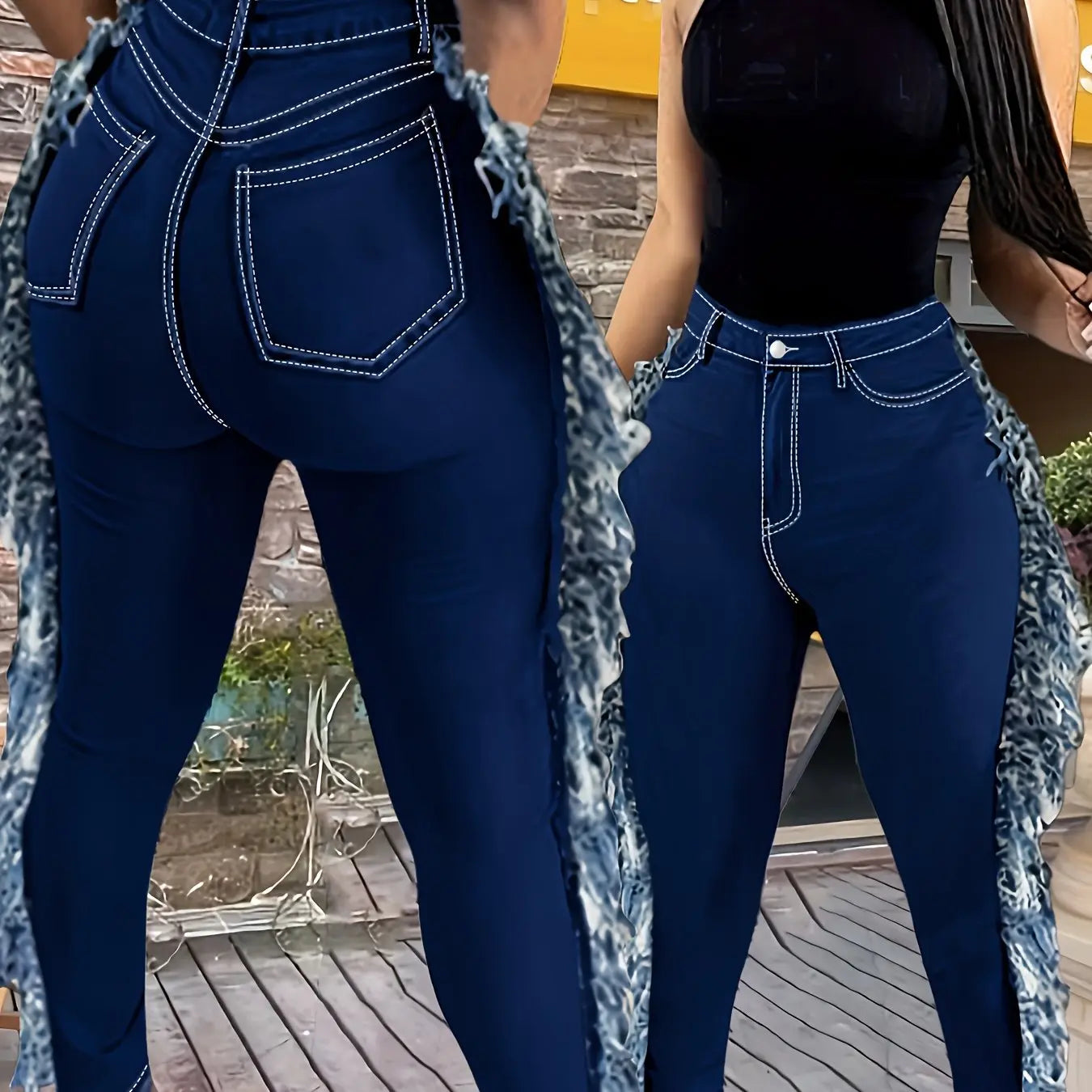 [Comfortable Oversized Jeans] High Waisted Comfortable Oversized Jeans | Deep Blue Fringed Diagonal Pockets, Distressed Fringed, Y2K Fringed Leggings, Tight Pants, Elastic, Casual And Fashionable Chic Le'Meek