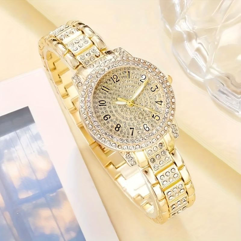 6 Pcs Round Rhinestone Quartz Watches Zinc Alloy Strap Zinc Alloy Pointer Zinc Alloy Dial And Rhinestone Bracelet Necklace Earrings Jewelry Perfect For Valentine's Day