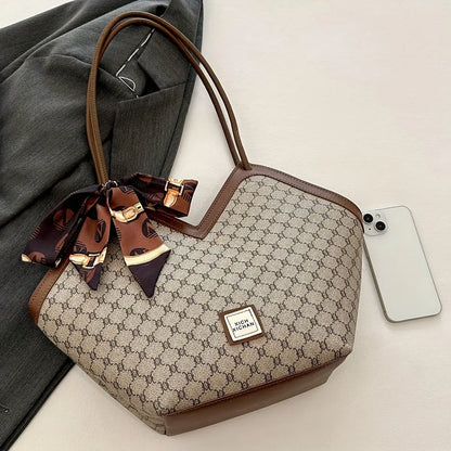 LABOONOO Women'S Vintage-Inspired Tote Bag with Scarf - Elegant, Large Capacity, Zip Closure, Grey & Beige Pattern, Perfect for Casual or Retro Outfits Chic Le'Meek