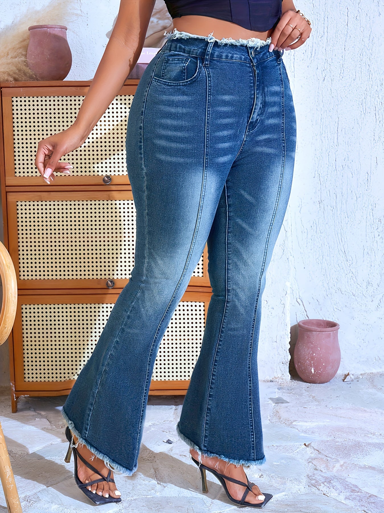 Plus Size Raw Trim Whiskering High Rise Pintuck Washed Blue Flare Leg Denim Pants, Women's Denim Jeans & Clothing