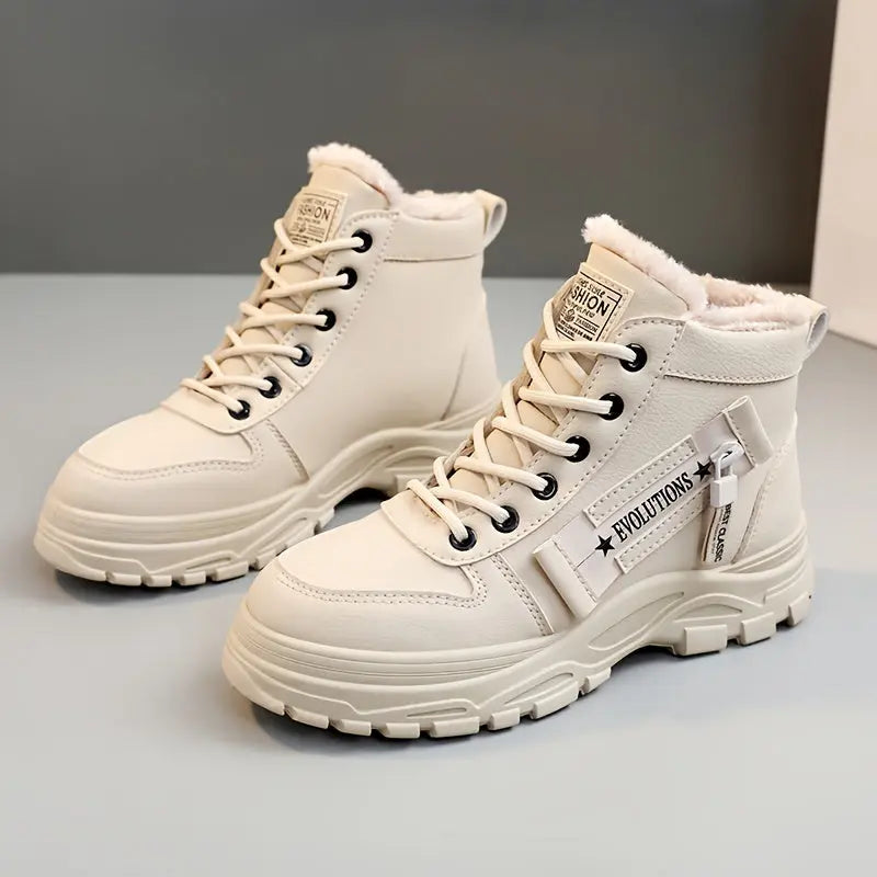 [Warm Fleece-Lined Winter Boots] Warm Fleece-Lined Women's Winter High-Top Boots - Thick Rubber Sole, Lace-Up Casual Style, White & Beige, Perfect for Cold Weather Comfort Chic Le'Meek