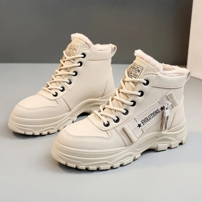 [Warm Fleece-Lined Winter Boots] Warm Fleece-Lined Women's Winter High-Top Boots - Thick Rubber Sole, Lace-Up Casual Style, White & Beige, Perfect for Cold Weather Comfort Chic Le'Meek