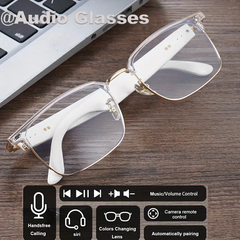 [Wireless Audio Glasses] 1pc Wireless Audio Glasses - Self-Adjusting Color Lenses, Anti-Blue Light Protection, Built-in Microphone, USB Charging, Rechargeable Lithium Polymer Battery - Ideal for Office, Outdoor Activities, Dr Chic Le'Meek