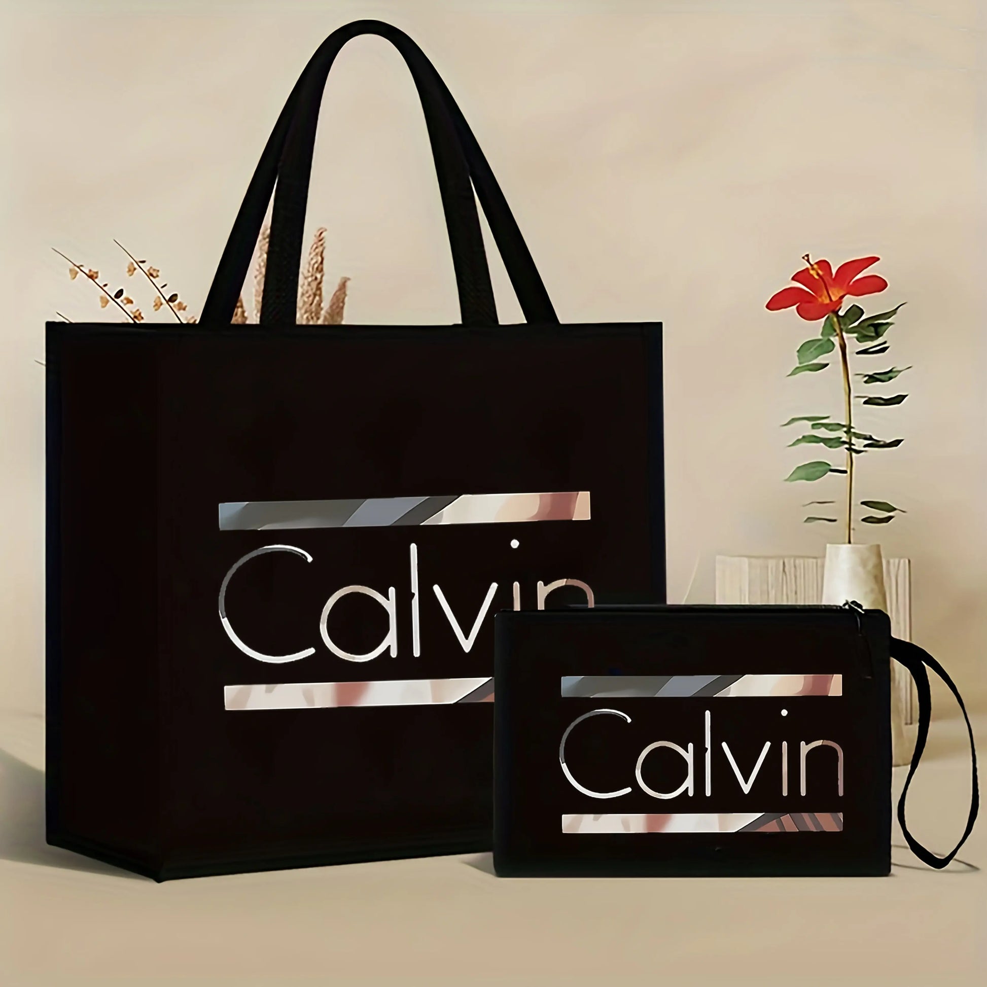 [Chic Calvin Print Set] Durable Two-Piece Canvas Tote & Cosmetic Bag Set Temu