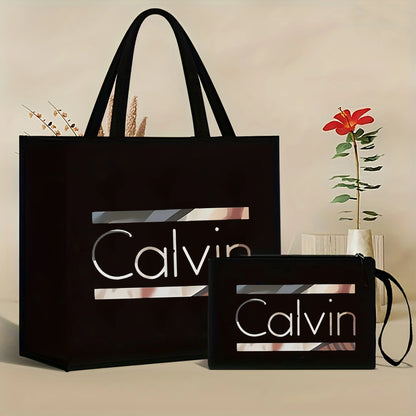 [Chic Calvin Print Set] Durable Two-Piece Canvas Tote & Cosmetic Bag Set Temu