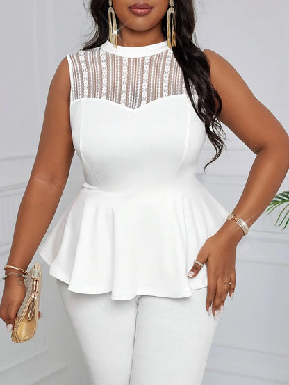Elegant White Lace-Trimmed Sleeveless Peplum Top with Ruffled Hem, Cinched Waist, and High-Neck Design for Women - Perfect for Parties and Casual Outings Chic Le'Meek