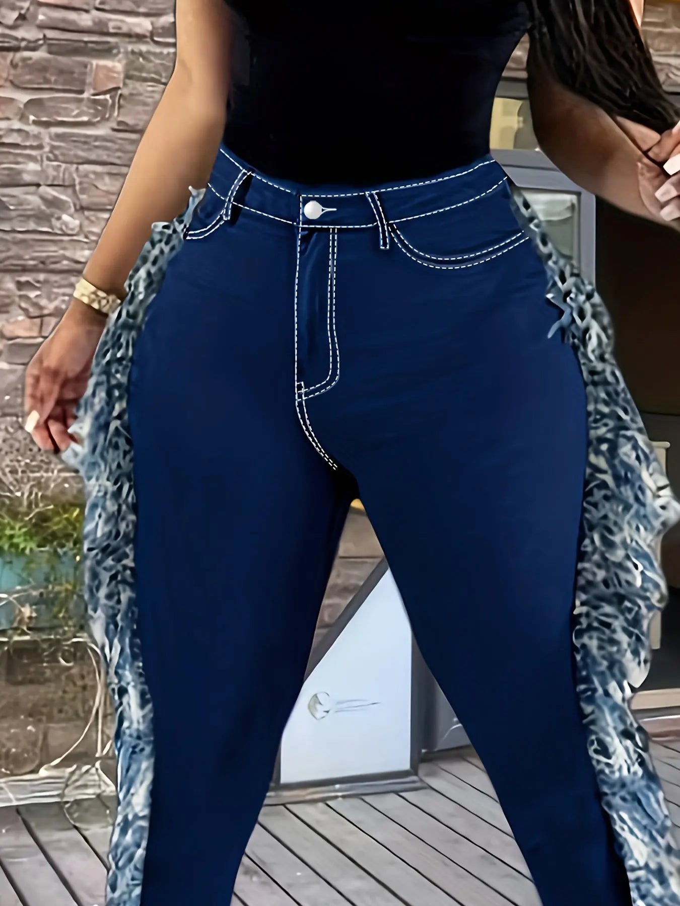 [Comfortable Oversized Jeans] High Waisted Comfortable Oversized Jeans | Deep Blue Fringed Diagonal Pockets, Distressed Fringed, Y2K Fringed Leggings, Tight Pants, Elastic, Casual And Fashionable Chic Le'Meek