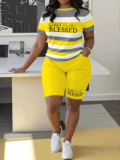 Plus Size BLESSED Print Biker Shorts Set - Comfortable Crew Neck Striped Short Sleeve Tee & Pocket Biker Shorts with Medium Stretch Fabric, Straight Leg Hem, and Positioning Printing - Perfect for Casual Scene