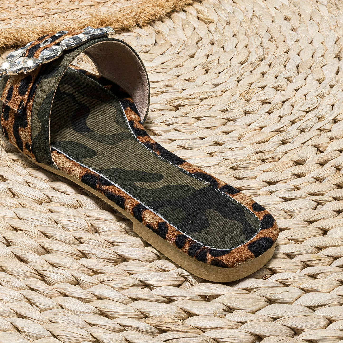 Women's Camouflage Leopard Print Slide Sandals, Fashion Buckle Decor Flat Summer Shoes, Lightweight Slide Sandals