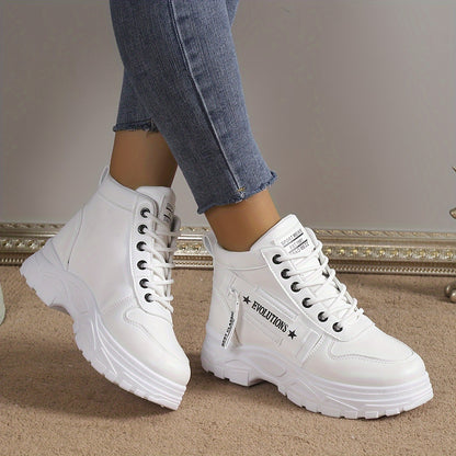 Women's Letter Graphic Side Zipper Platform Sneakers, Lace-up Fashion High-top Casual Sports Shoes With Hidden Heel, Women's Comfy Footwear