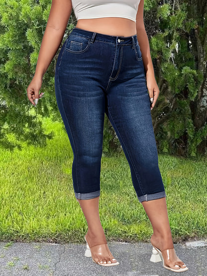 Plus Size Womens Stretch Jeans - Comfortable & Flattering Fit with Zipper Closure - Stylish Cuffed Denim Pants for Versatile Wear - Premium Quality